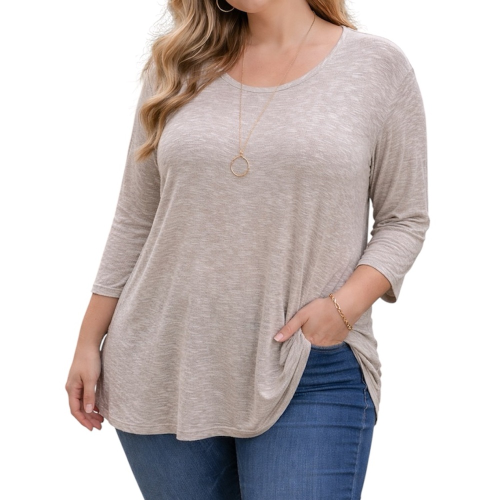 Lisa Rinna Collection Tunic Top 2X Beige Lightweight Knit 3/4 Sleeve Neutral